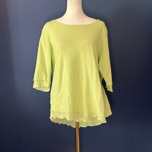 Soft Surroundings- light lime gauzy layered top with elbow length sleeves